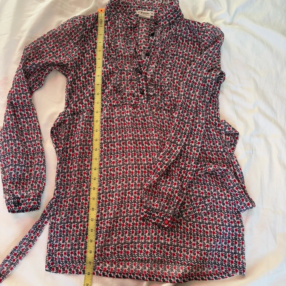 Vintage Forever 21 Red Black Floral Sheer Tunic Top Ruffle Y2K - Picture 13 of 14